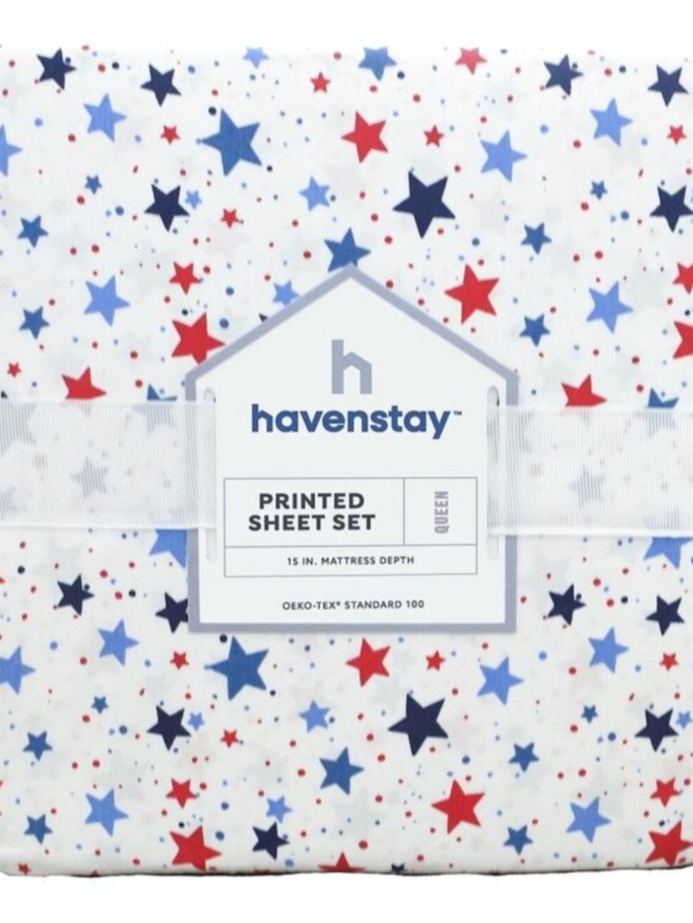 New Red, Navy & Light Blue Star Printed Sheet Set - Queen